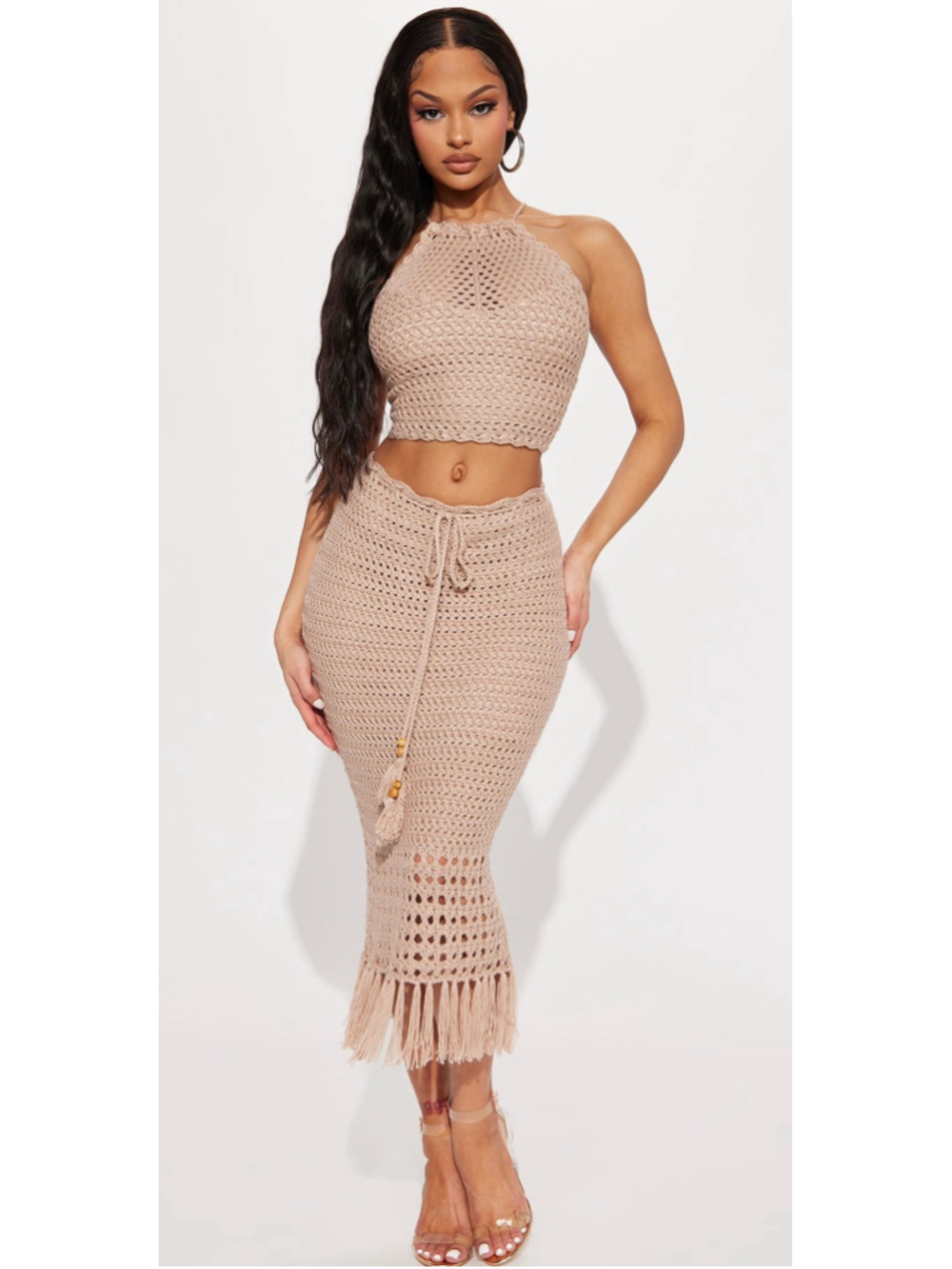 Fashion Nova Island Girl Crochet Skirt Set Sand Size Small NWT